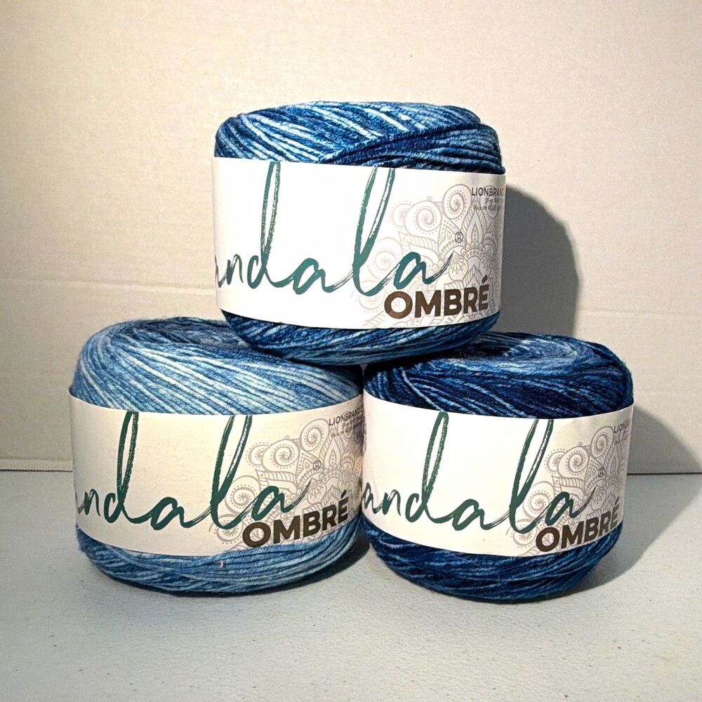 Lion Brand Mandala Ombre Acrylic Yarn Cakes Lot of 3 Blue/White 551 Worsted